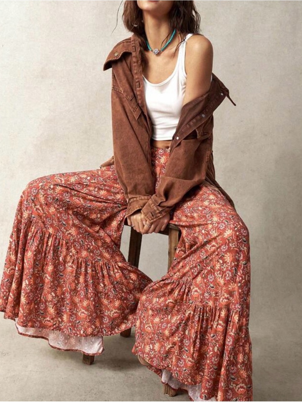 SHEIN Rust Floral Boho Flare Pants